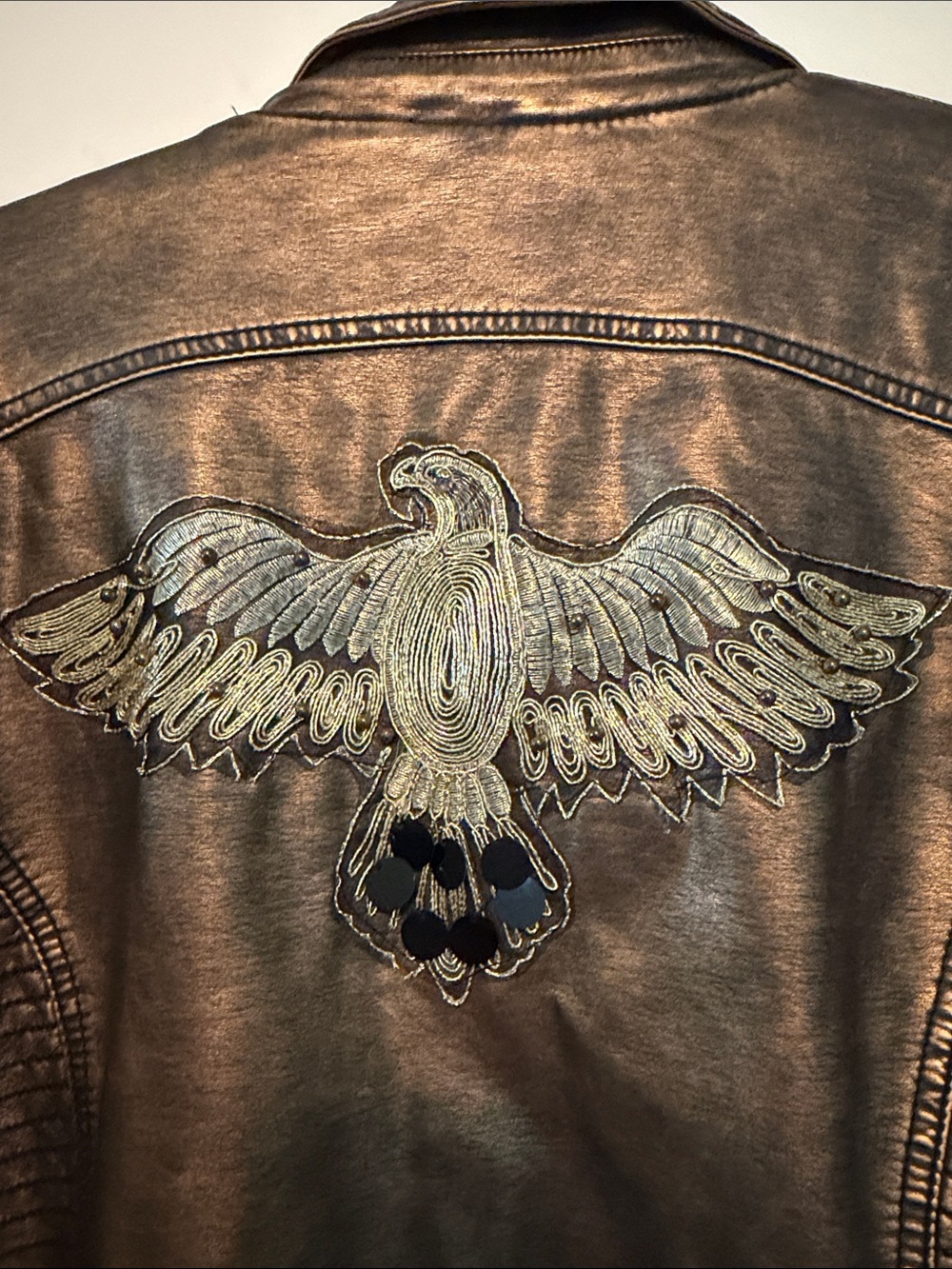 Sheryl Crow Metallic Bronze Vegan Leather Jacket with Thunderbird - Picture 6 of 8